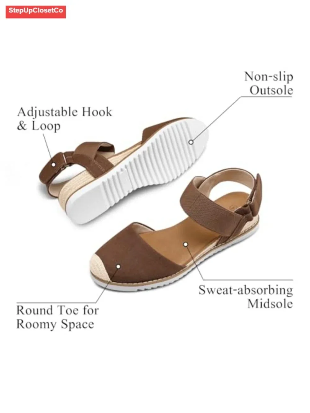 Low Wedge Sandals Comfortable Closed Toe Espadrilles Slip on Elastic Ankle